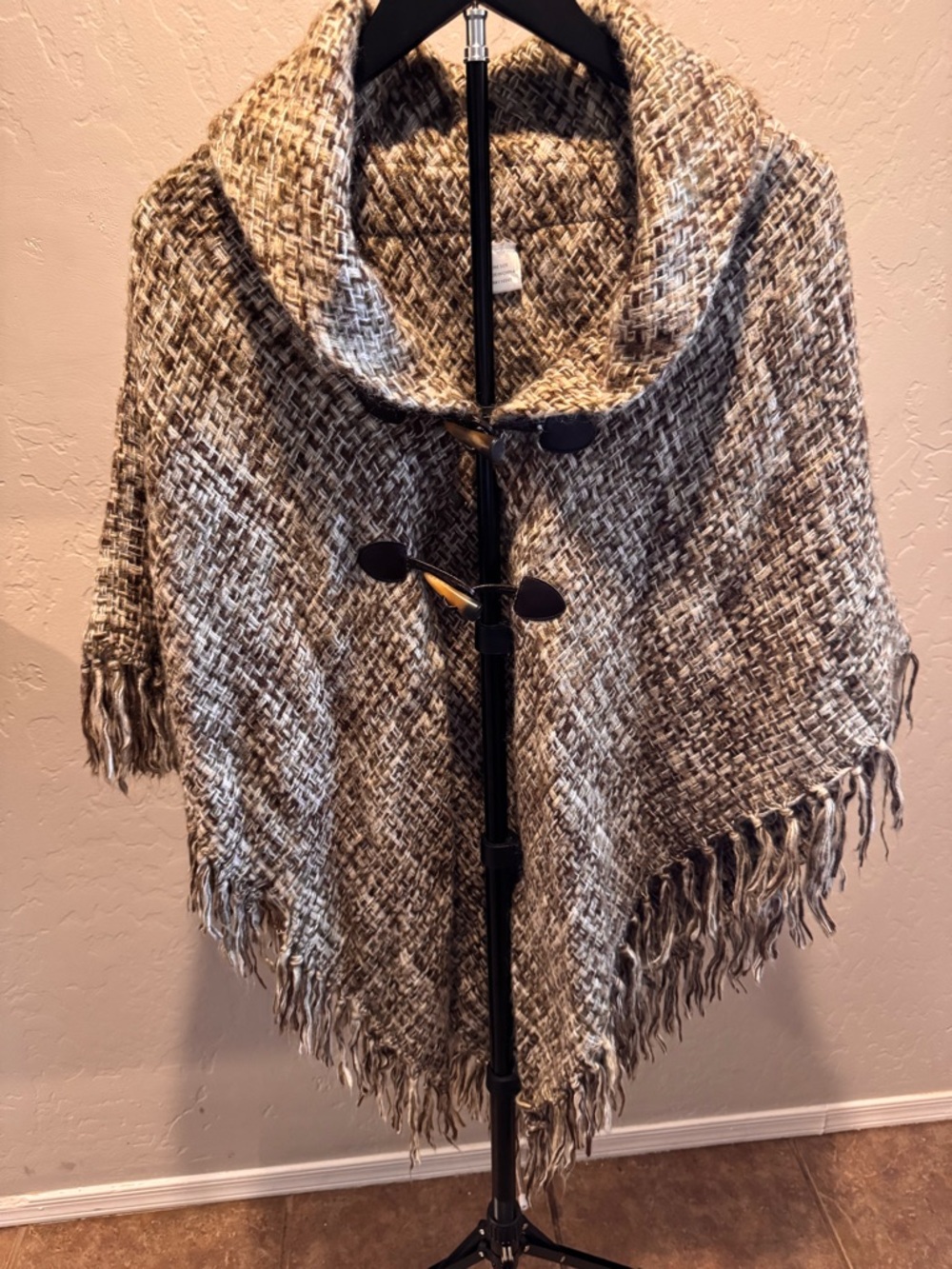 Fringed Knit Shawl Poncho in Neutral Tweed with Toggle Closure